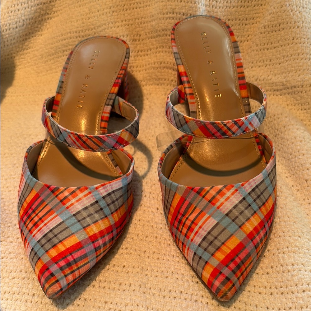 Kelly & Katie Red and Orange Mules with Plaid Design